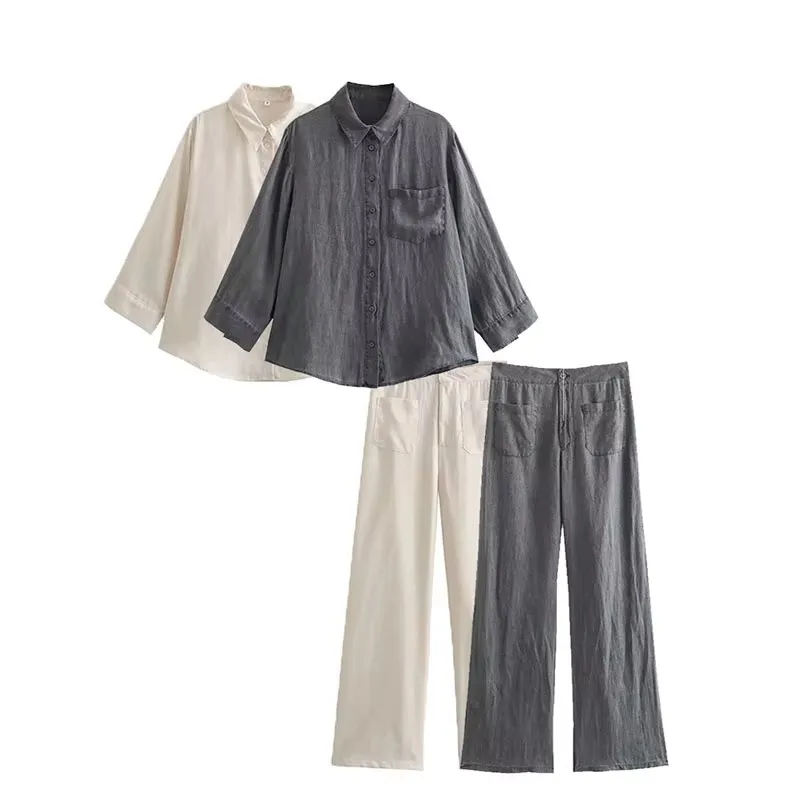 

2023 женские комплекты брюк, новые модные льняные рубашки, женский костюм, осенний повседневный женский комплект из 2 предметов, женская одежда