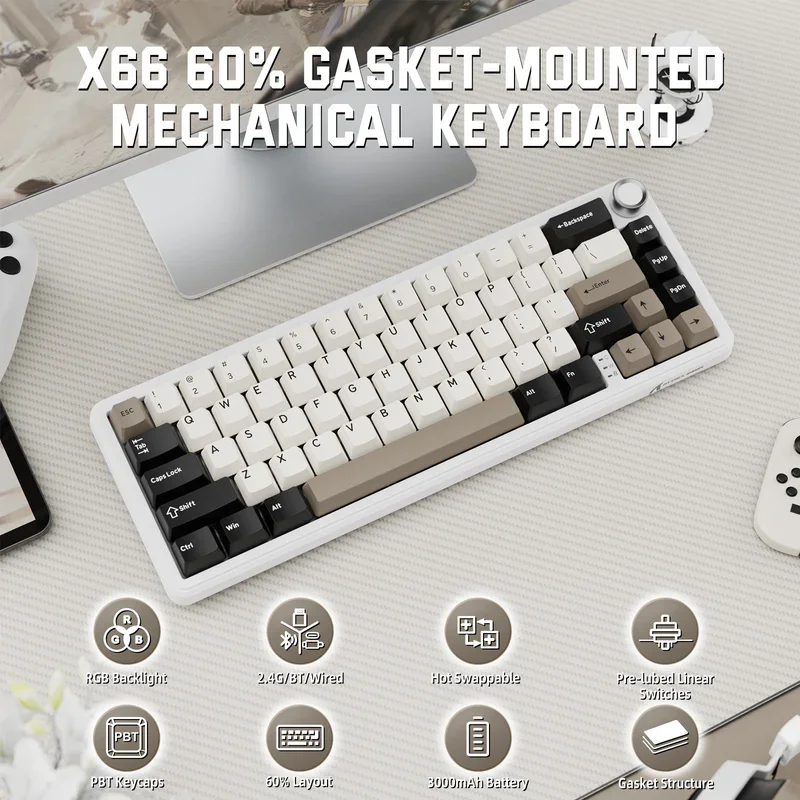 

Беспроводная механическая клавиатура ATTACK SHARK X66 с боковыми печатными колпачками из ПБТ BT, 2,4G, беспроводная связь и проводная клавиатура типа C с возможностью горячей замены 16 миллиона