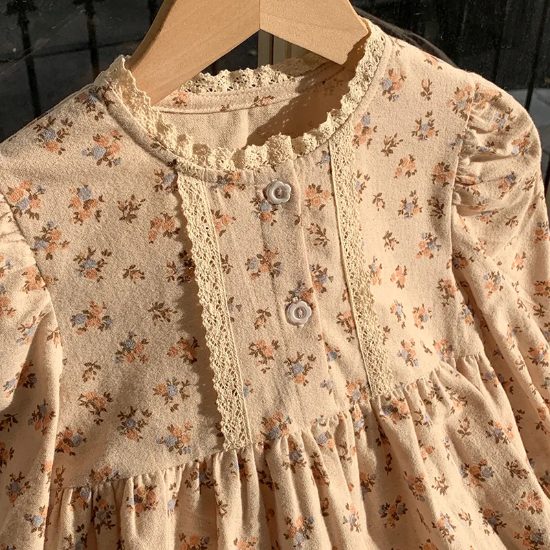 

French Retro Floral Puff Sleeve Girls Dress2025Autumn Long Sleeve Sweet Children's Dress Baby Dress