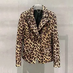 Suit Style Women Coat Spring Turn-Down Collar Leopard Print Natural Real Sheepskin High Qualit New Fashion Clothes Long Sleeve