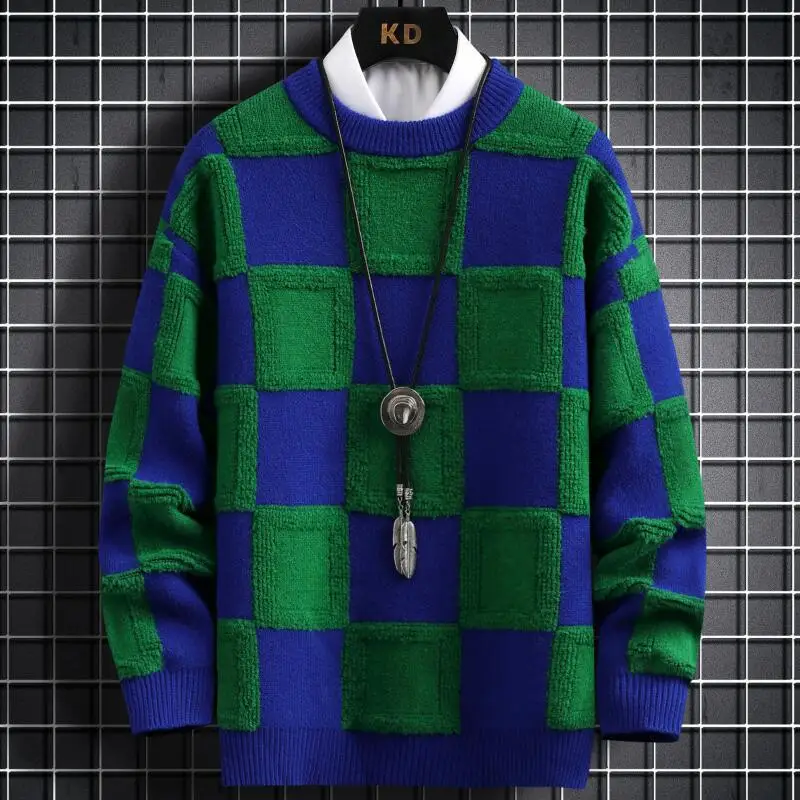 New Fall Winter Korean Style Mens Pullovers Sweaters High Quality Thick Warm Cashmere Sweater Men Luxury Plaid Pull Homme 2023