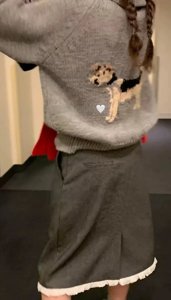 

Cute Dog Pattern Loose Casual Knitted Cardigan PREON Autumn Winter New Sle Wool Blend Long Sve round Ne Zipper Sweater