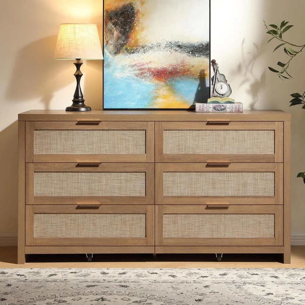 

Rattan Dresser for Bedroom, 56.9" Wide 6 Drawer Dresser with Ample Storage, Wooden Dressers Large Chest of Drawers, Closet