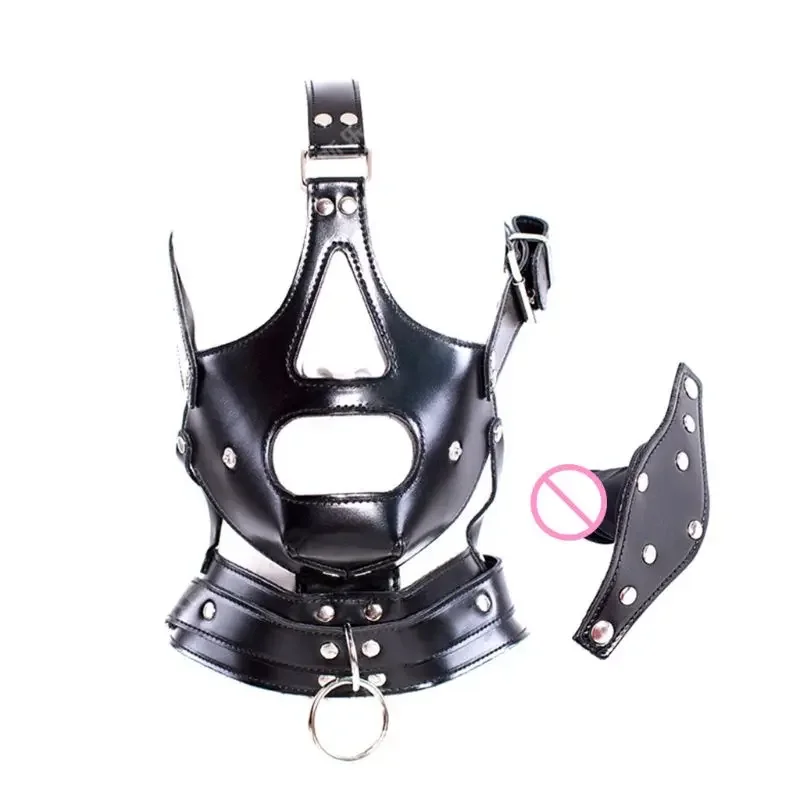 BDSM Bondage Head Wrap Maschere con cappuccio cavo Giocattoli del sesso SM Slave Gioco di ruolo Copricapo Maschere con cappuccio mezza faccia in pelle fetish con bavaglio per pene
