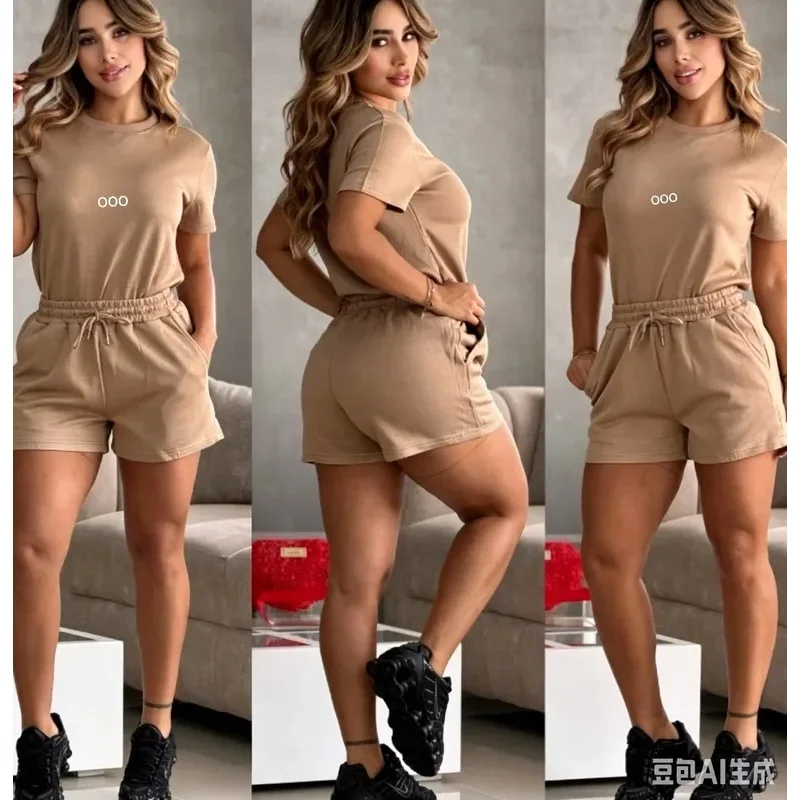 Loose four-color printed summer round-neck short pants set, elegant and pure in style