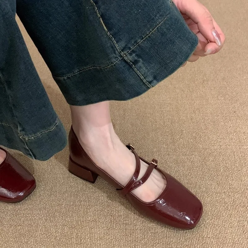 

French Mary Jane Summer Vintage Square Toe Shallow Mouth One Strap Temperament Block Heel Slip