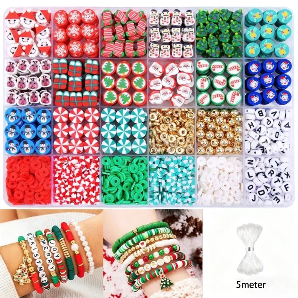 

1Kit Christmas Themed Polymer Clay Flat Round Spacer Beads For DIY Bracelets Necklaces Earrings Jewelry Making Kit Accessories