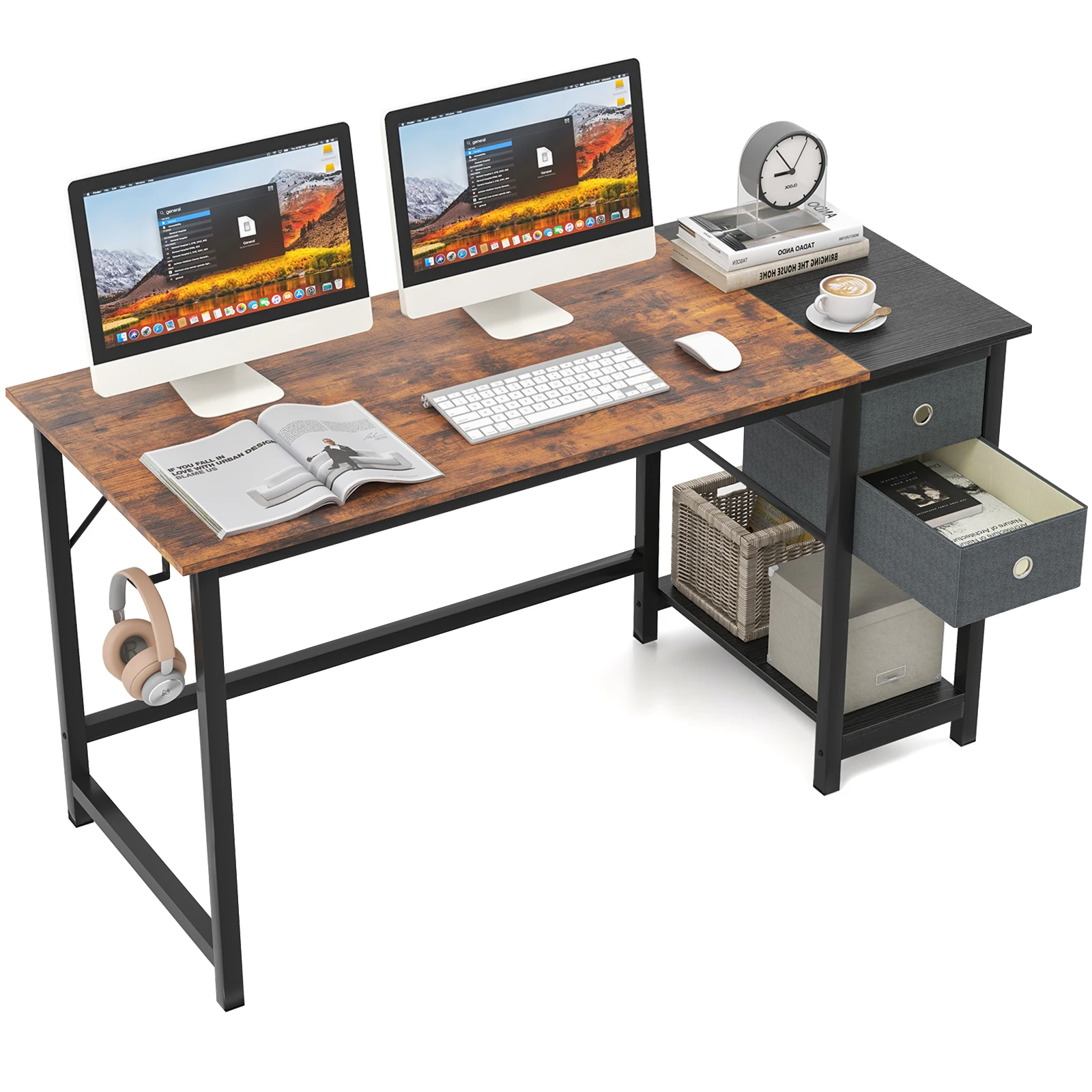 2 Drawer Desk 140 cm Long Computer table with headphones Hook & Storage Comb office table Large PC table