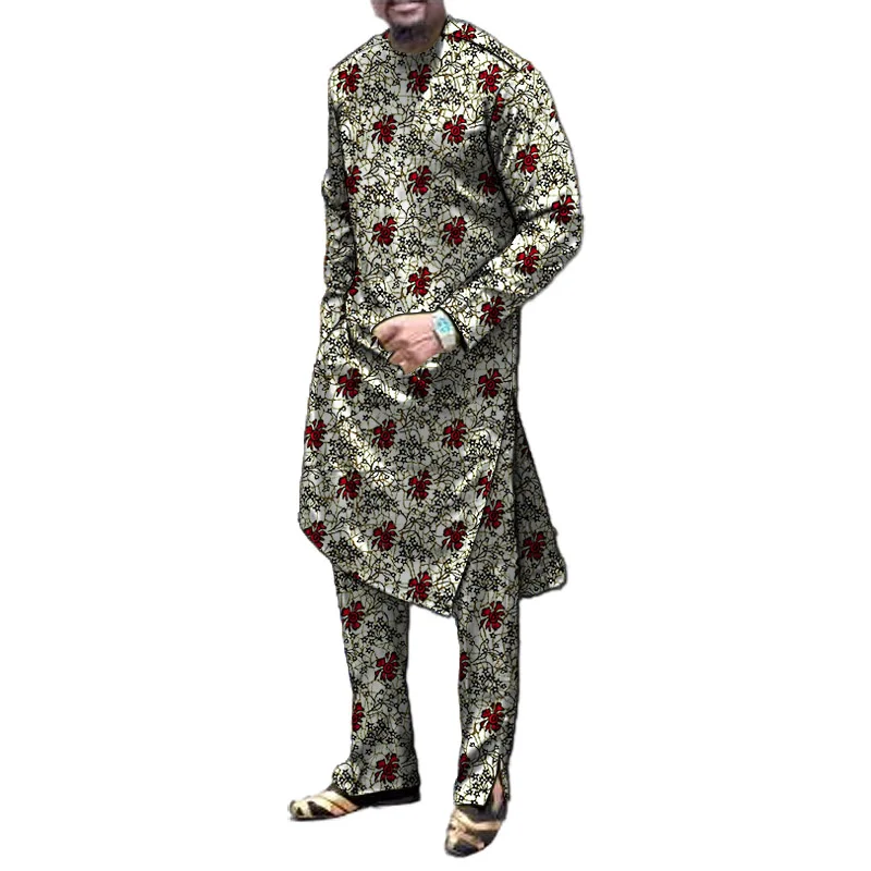 

Trendy African Clothes Men Set Nigerian Print Shirt With Pant Customized Groom Suit Tailor Design Bottom Slit Ankara Outfit