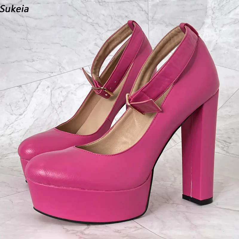 Sukeia Real Photos Women Platform Pumps Faux Leather Round Toe Nice Fuchsia Red Green Pink Party Shoes Ladies US Plus Size 5-20