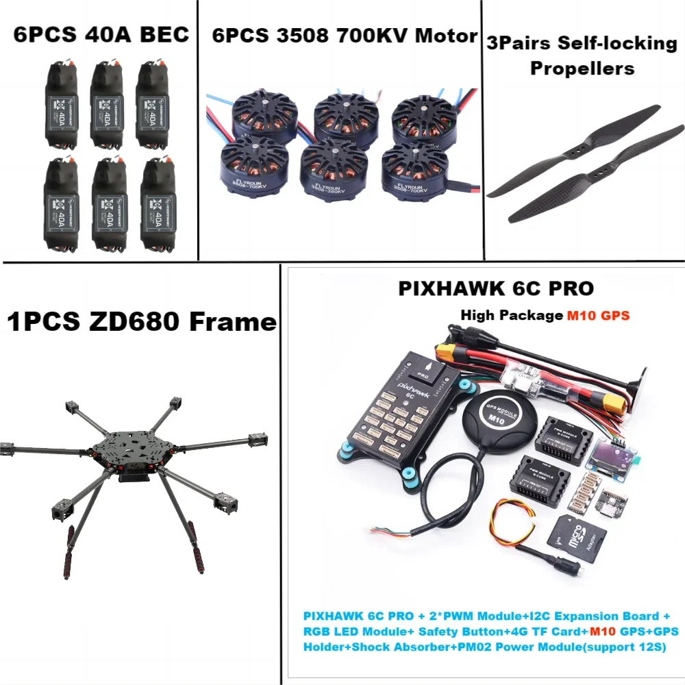 ZD680 6C PRO M10 Kit telaio esacottero con braccio pieghevole hexacottero Hexa-rotore interamente in fibra di carbonio PIXHAWK con carrello di atterraggio infodibile