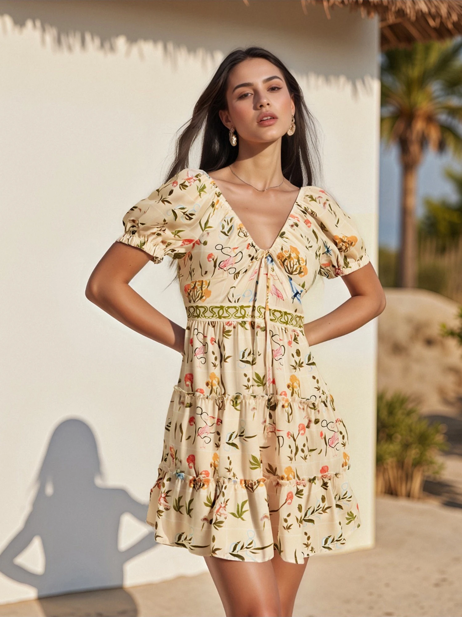 Women s Floral Print Mini Dress Puff Short Sleeve Elastic V Neck Tiered Hem Dress Spring Summer Short Dress