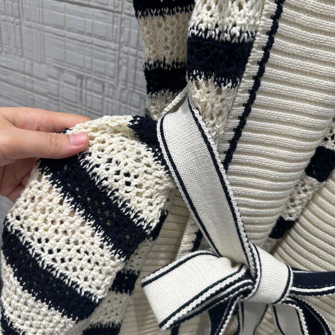 2024 New Autumn Fashion Heavy Cotton Knitted Long Cardigans Women Robe Style V-neck Long Sleeve Stripes Pattern Belt Sweater