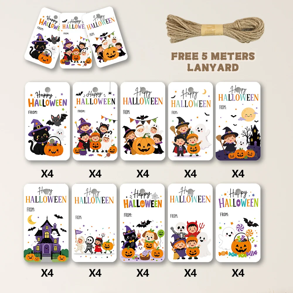 40pcs, Gift Tags, Cute Halloween Painted Art, Hanging Paper Labels for Gift Wrapping, Holiday Party Decor with String