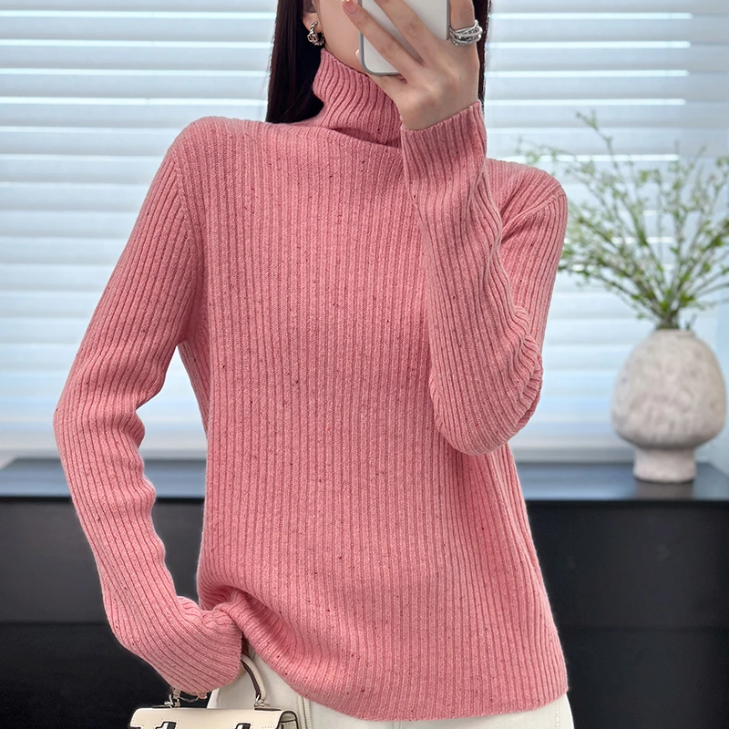 Elastic Sweater Women's 100% Pure Wool Knit Pullover HighNeck Sweater Long Sleeve Warm Daily Casual Top Fashion 2026 BM