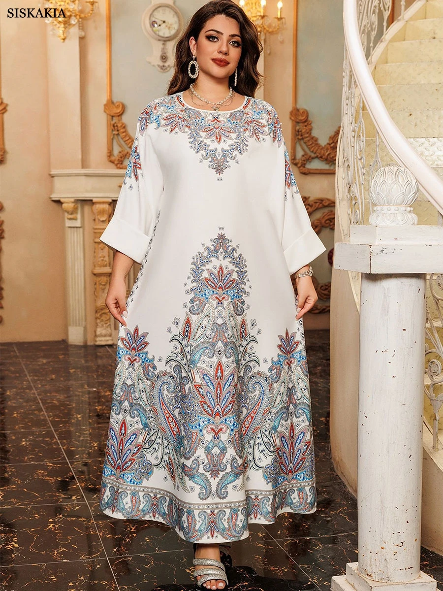 Siskakia O-Neck Floral Print Diamonds Beading Abaya For Muslim Woman Elegant Casual Loose Moroccan Saudi Dubai Stylish Kebaya