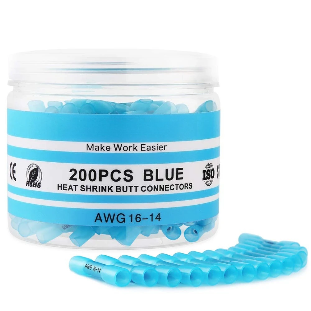 200PCS 16-14 Awg Blue Heat Shrink Butt Connectors-Tinned Red Copper 0.8mm-Marine Grade Insulated Crimp f for Marine,Boat,Stereo