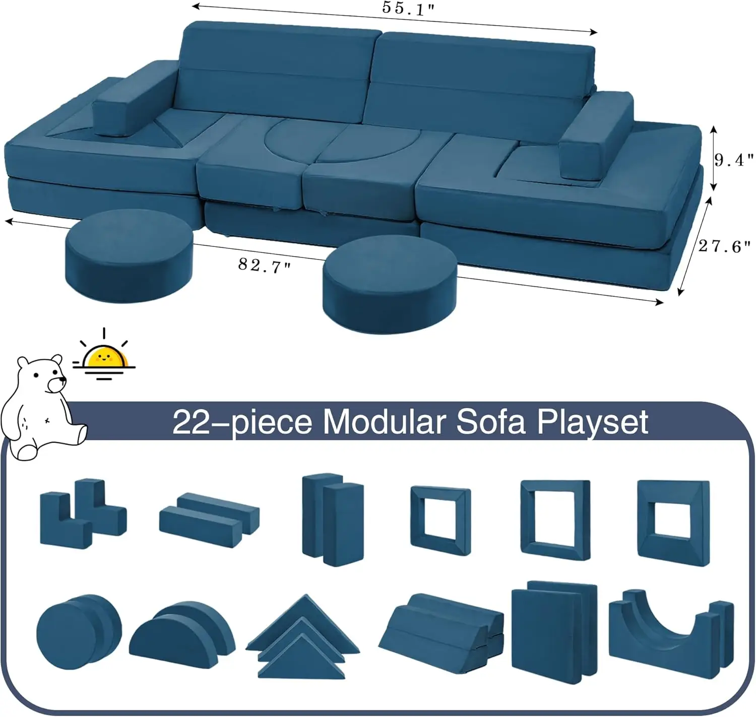 Modular Kids Play Couch - Kids Couch for Playroom Bedroom Living Rooms 500+DIY Creativing Couch for Inspiring Child Versatile, L