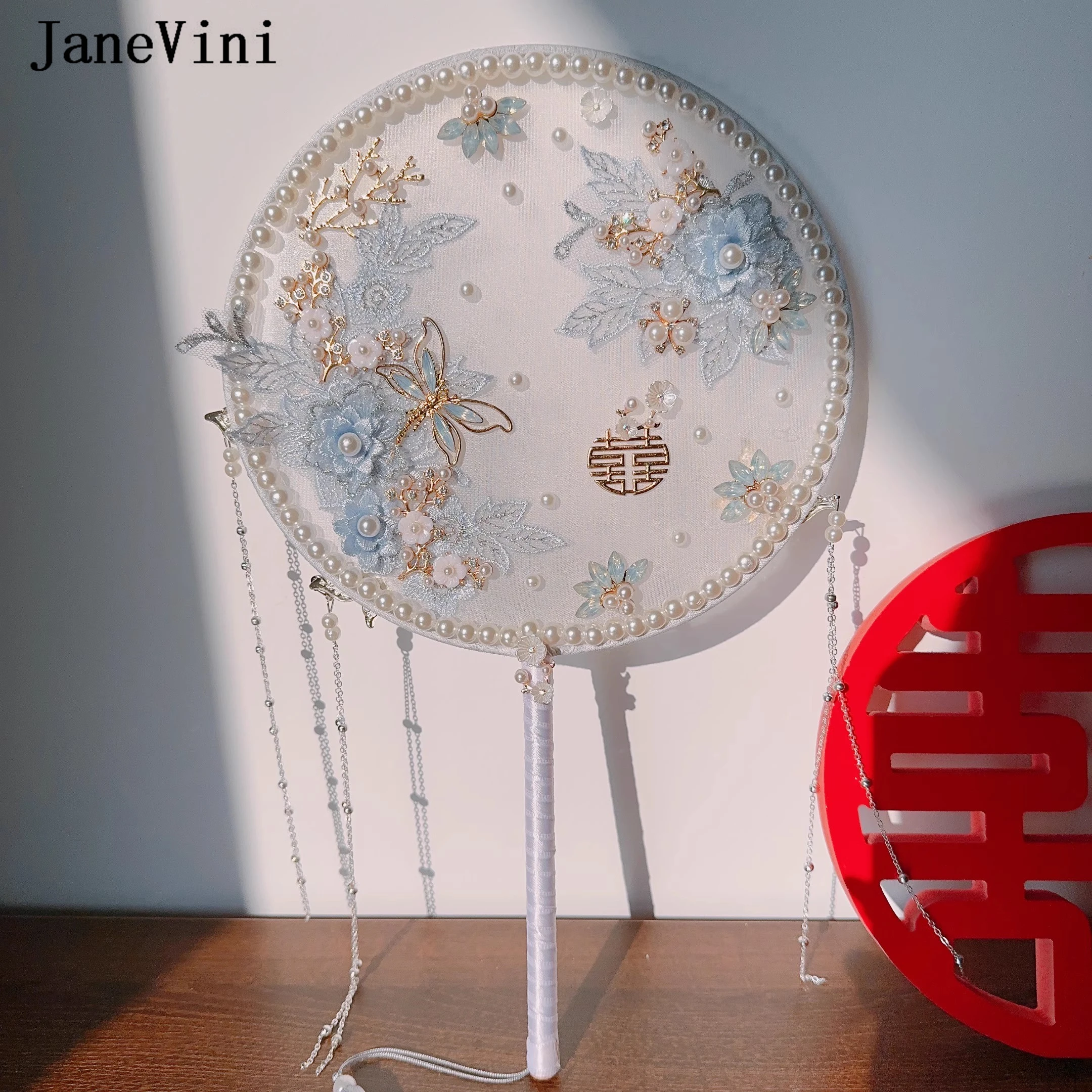 JaneVini-Éventail de Patients de Style Chinois Bleu, Fleurs Rondes en Dentelle Perlée, Bouquet de Mariage avec Perles, pour Déterminer l'Artisanat