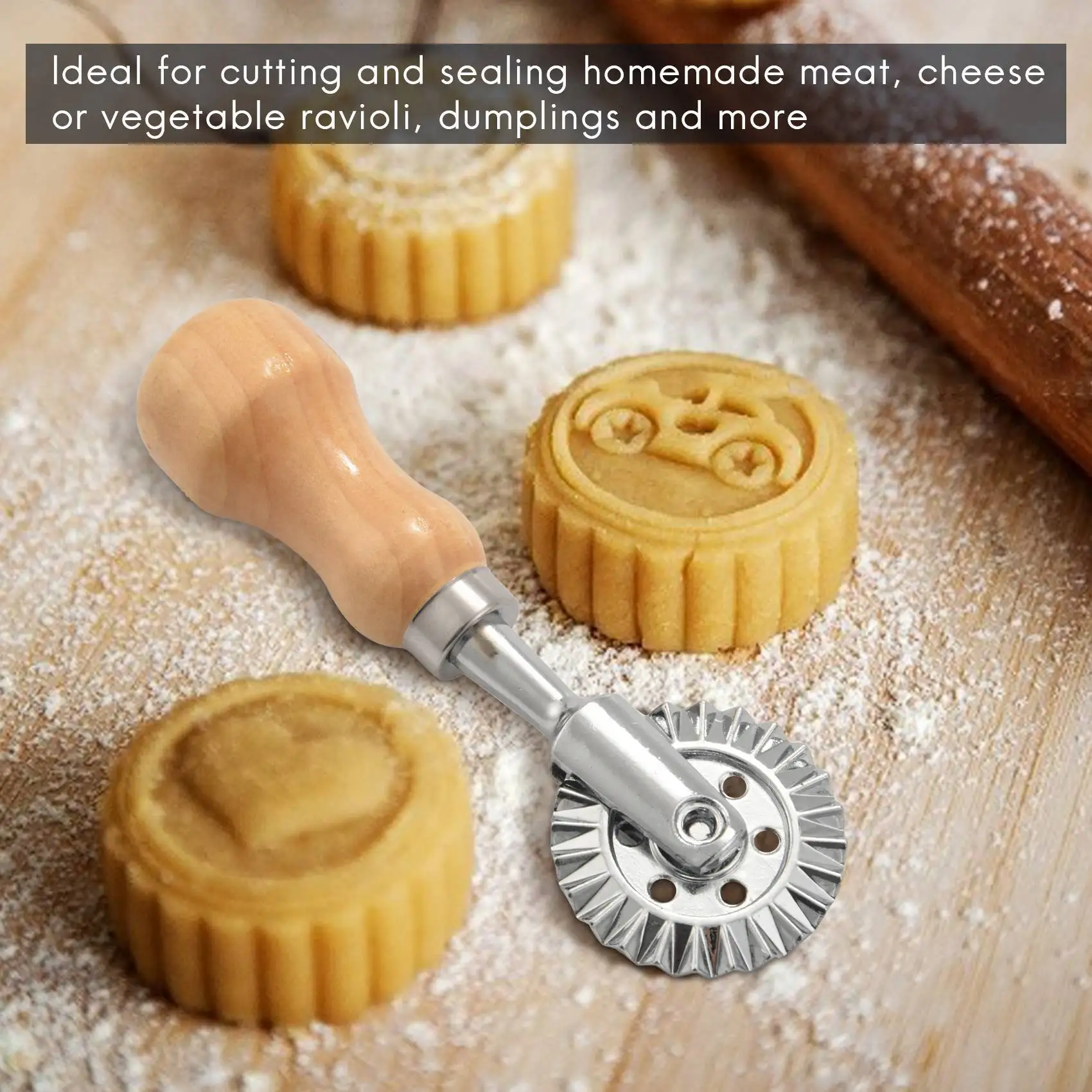 ABJN-2X Ravioli Maker Cutter Stamp Set-Leading Dough Cutter And Press Stamps With Wooden Handle-For Ravioli, Pasta