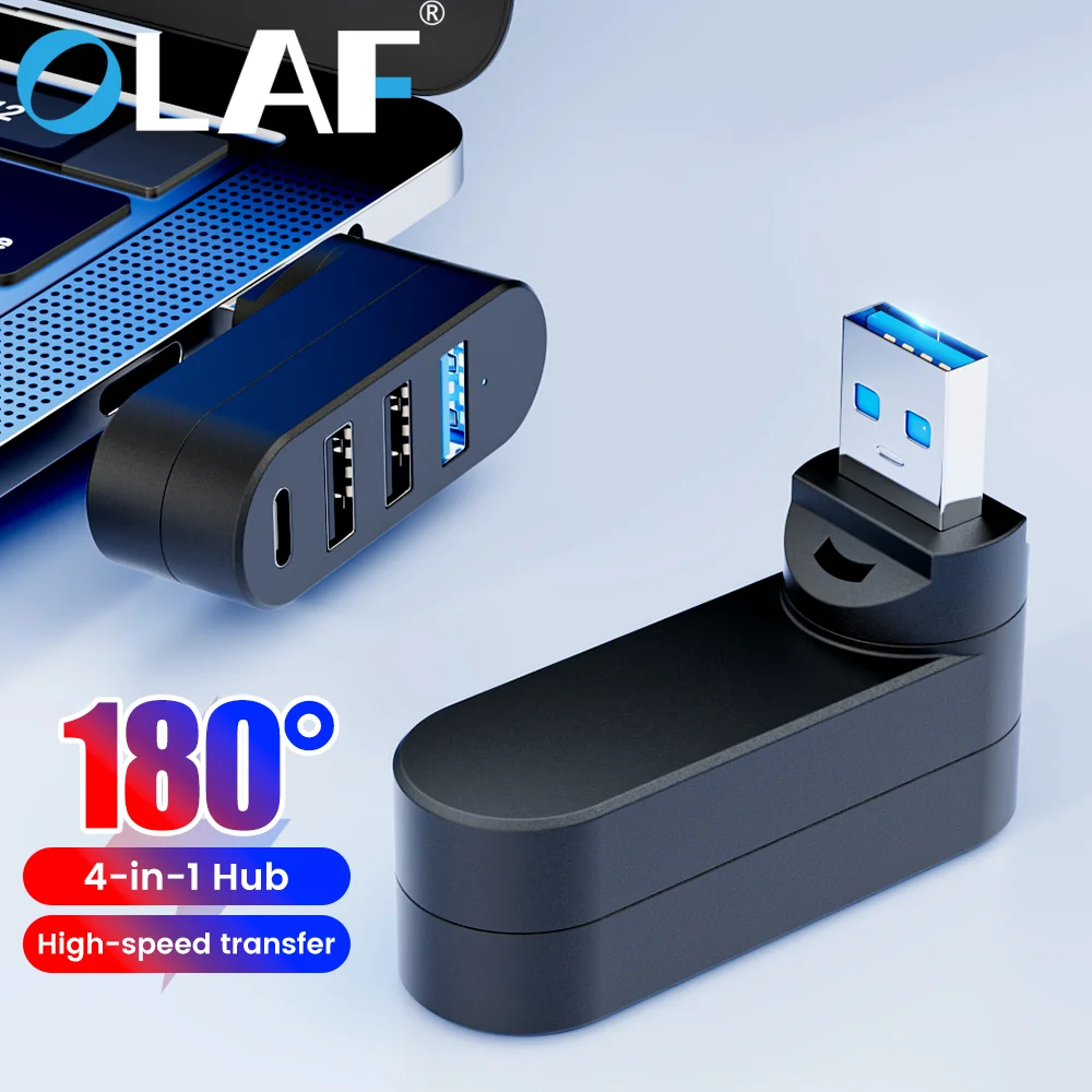 180 °   Drehbarer USB-Hub, 4 Anschlüsse, USB 3.0 2.0 Typ C, tragbarer Hub, USB-Splitter, Extender-Adapter für Tablet-Computer, PC-Zubehör