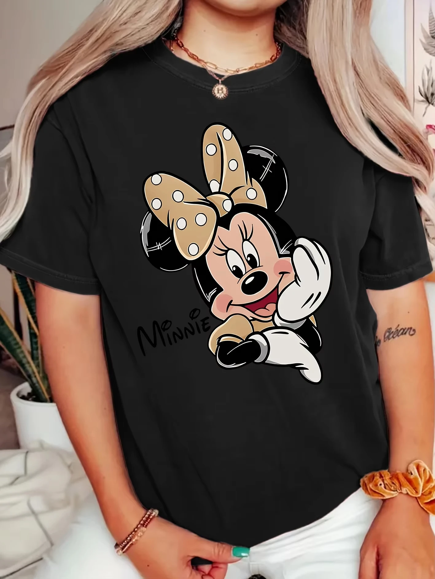 

Disney Women's Minnie Mouse Casual Short Sleeve Round Neck Tee with Polka Dot Bow Design Soft Stretch Fabric All-Season