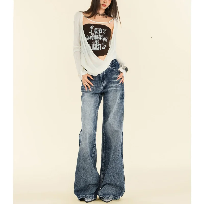 

Новые винтажные синие широкие брюки с высокой талией и эффектом похудения, модель 2025 года, для невысоких женщин, весна-осень.