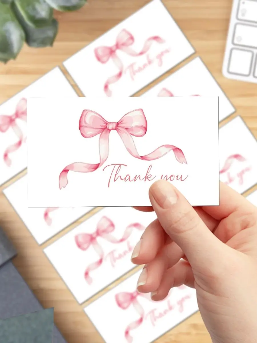 50 Stück Aquarell-Dankeskarten mit rosa-blauer Schleife, Geschenkverpackungskarten für Geschäfts- und Einzelhandelskunden, kleine Karte für leere Notizen auf der Rückseite – Detail 1