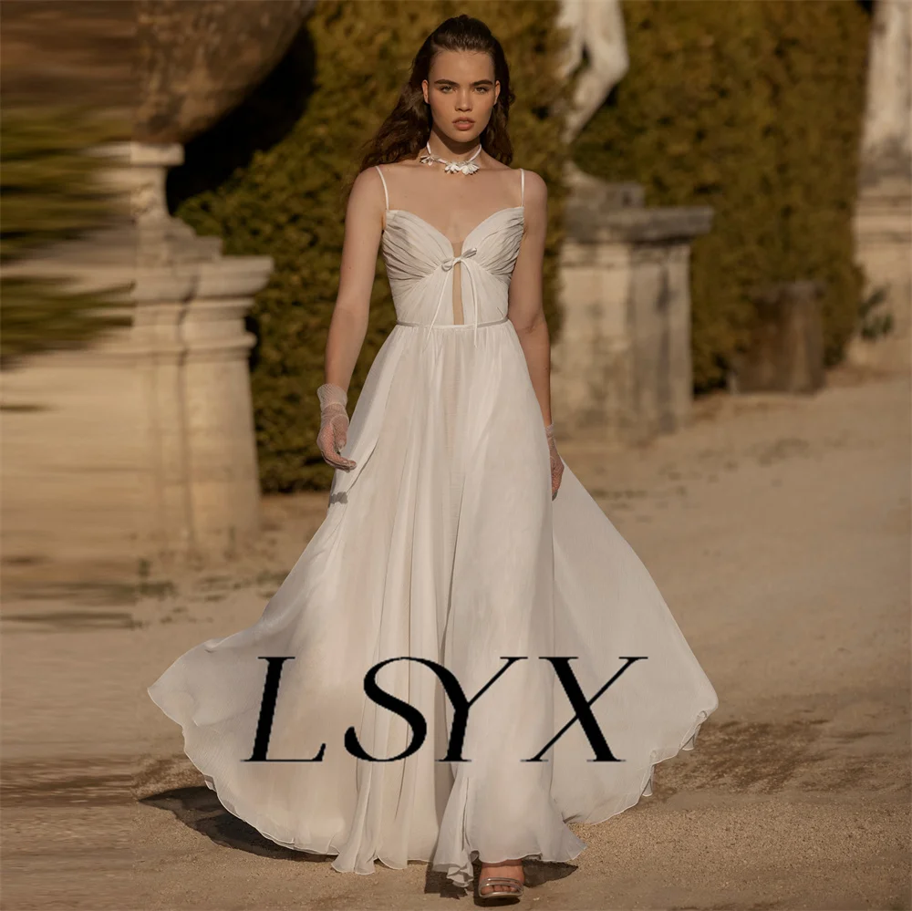 LSYX vestido de novia de gasa con cuello en V recortado, tirantes finos, cremallera trasera, línea A, tren de barrido, vestido de novia hecho a medida