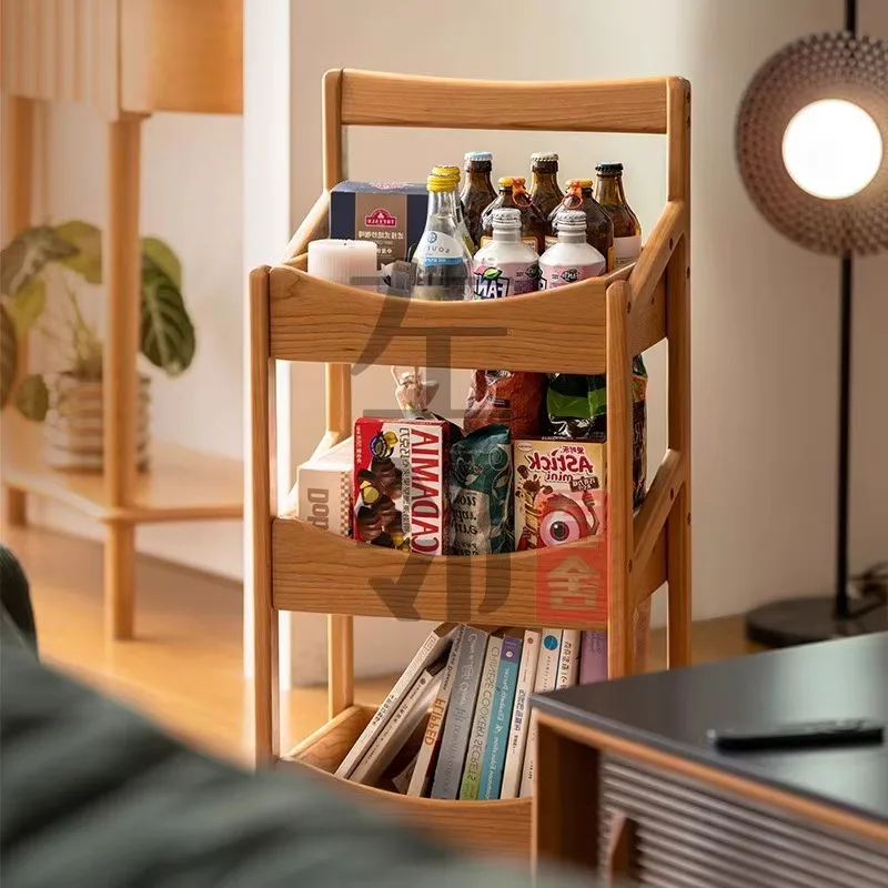 

Customizable Cherry Wood Storage Living Room Wheeled Cart Home Mobile Display Rack