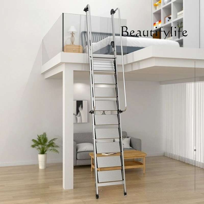 Attic ladder Household aluminum alloy staircase with handrails Lifting ladder Indoor thickened aluminum multifunctional telescop