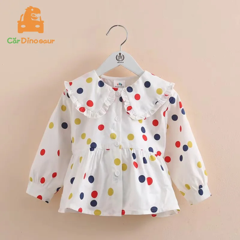 2025 New Spring Autumn 2 3 4 6 8 10 Years Children Cotton White Peter Pan Collar Polka Dot Print Kids Baby Girls Blouse Shirt