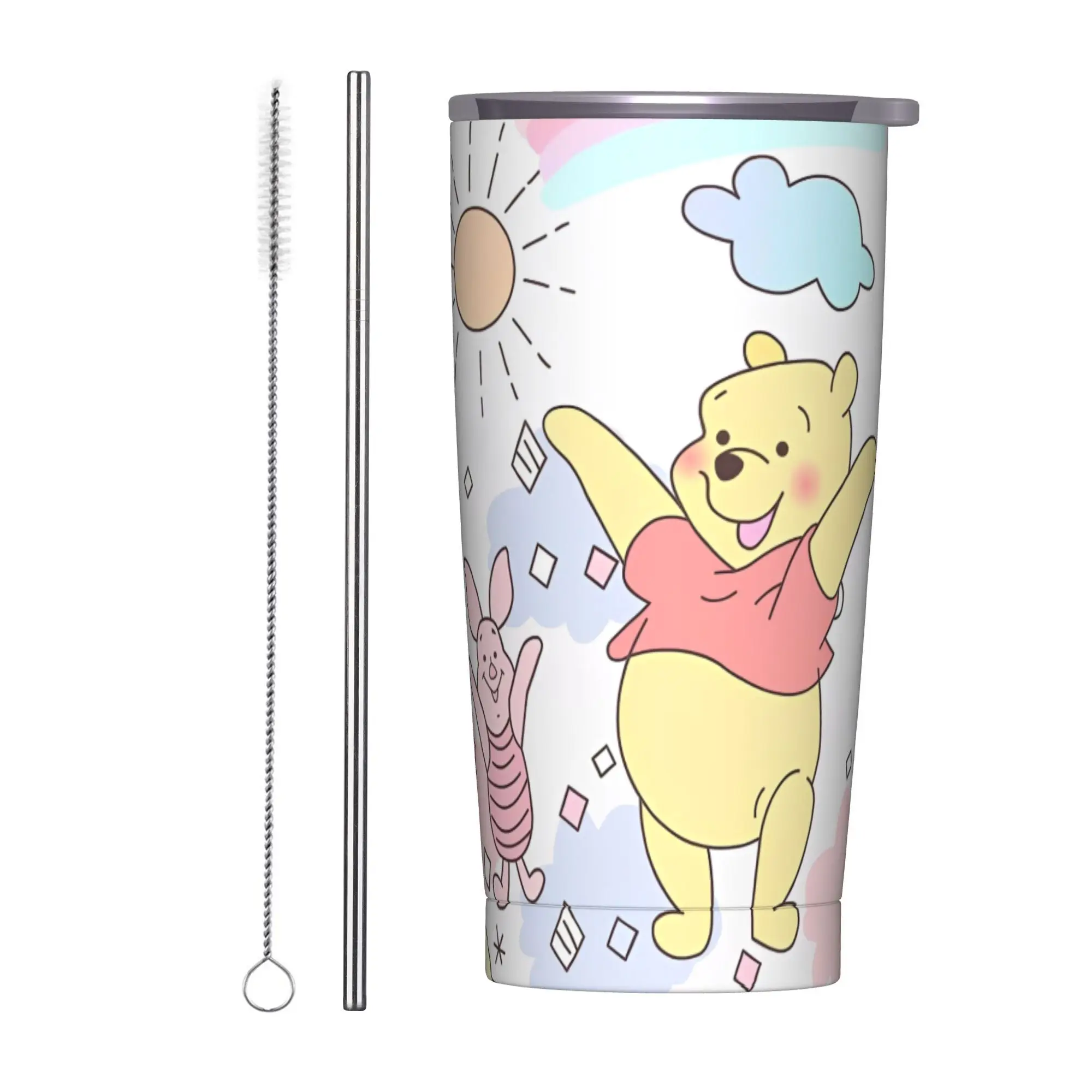 

Winnie The Pooh Insulated Tumbler with Straws Lid Cute Cartoon Stainless Steel Thermal Mug Double Wall Hot Cold Drinks Cup, 20oz