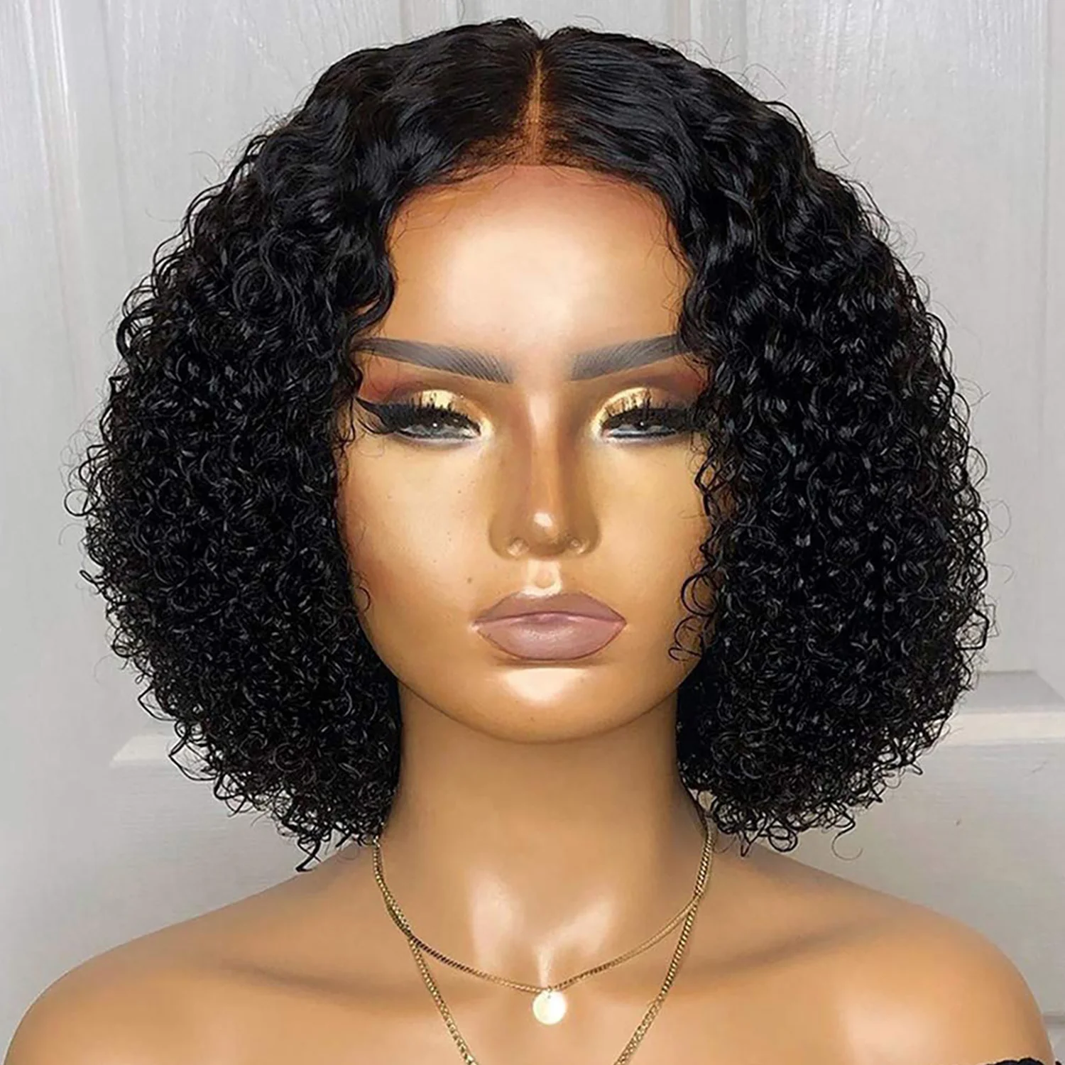 Deep Curly Bob Synthetic Wig Natural Black Color Middle  Part Transparent Highlight Short Kinky Curly Wig for Black Women 12Inch