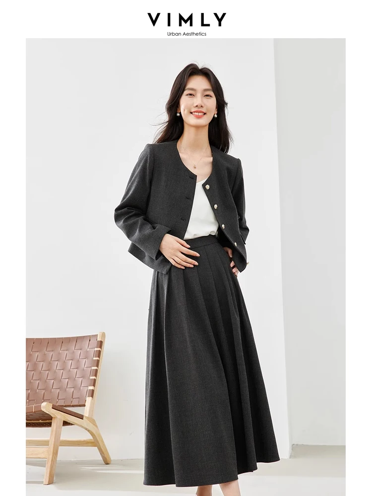 Vimly Grey Women's Skirt Suit 2024 Spring Elegant Fashion Matching Set Crop Jacket Pleated Maxi Skirt Two Piece Set Women M5379