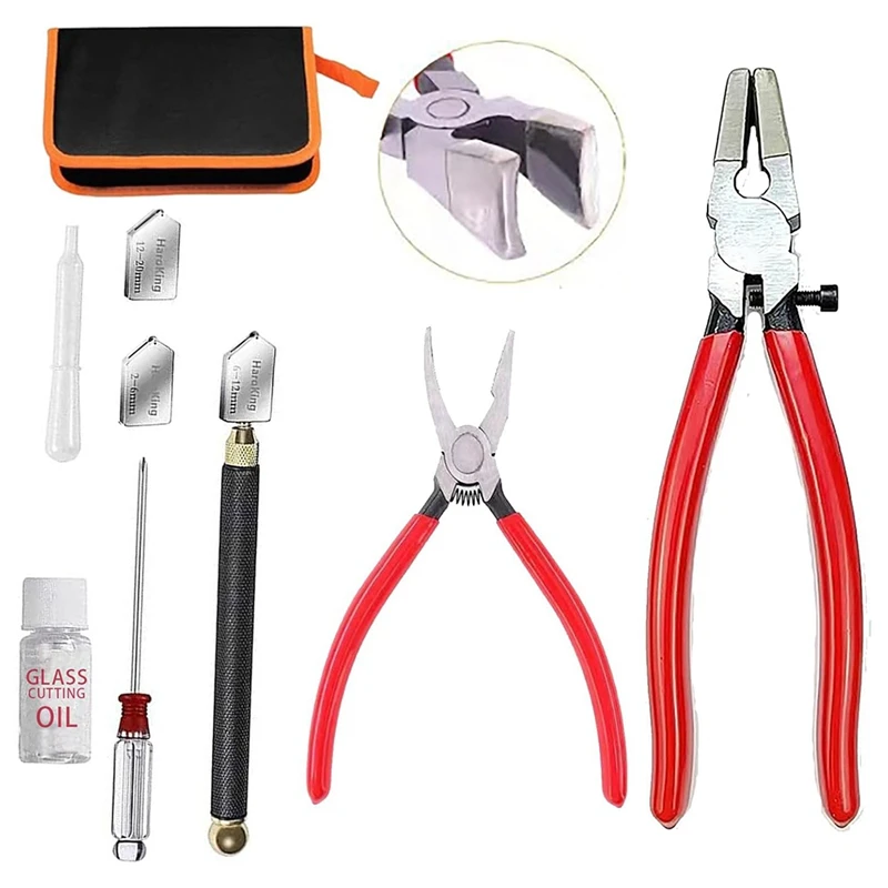 HLZS-Glass Cutters Tools Set Glass Cutting Tool Kit Glass Cutter Glass Running Pliers Breaker Grozer Pliers With Oil Feed