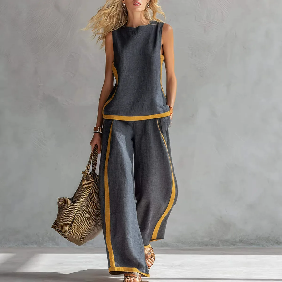 

2026 Spring/Summer Women's European American Cross-Border Color-Block Sleeveless Vest And Wide-Leg Pants Set