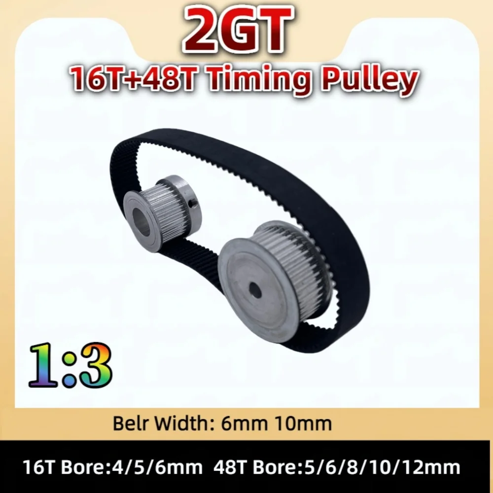 

16Teeth 48Teeth 2GT Timing Pulley Set Reduction 1:3 Belt Width 6mm 10mm 16T 48T GT2 Synchronous Pulley Belt Kit 2GT Belt Pulle