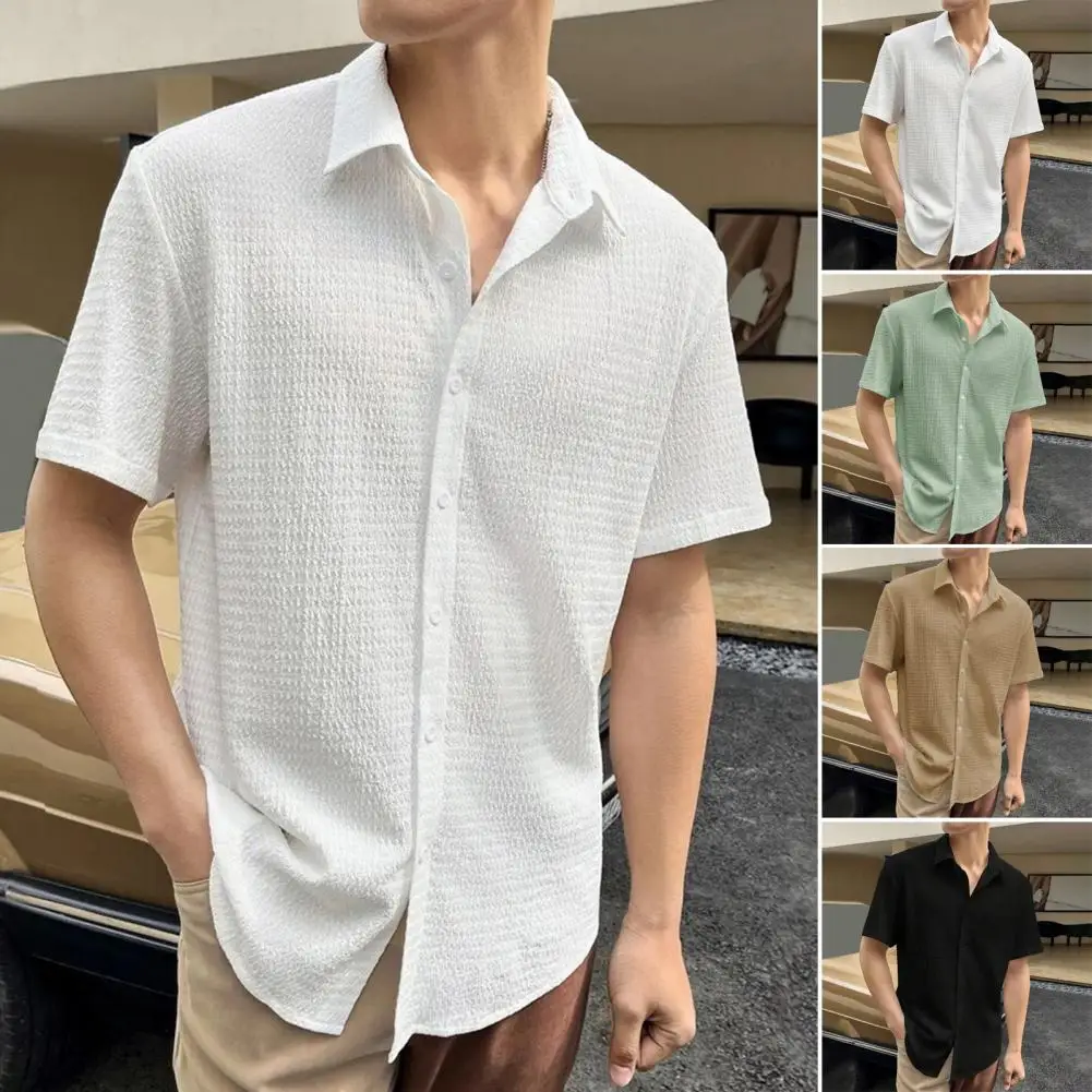 Summer Spring Men Shirt Turn-down Collar Water Wave Texture Single-breasted Loose Solid Color Short Sleeves Commute Office Top