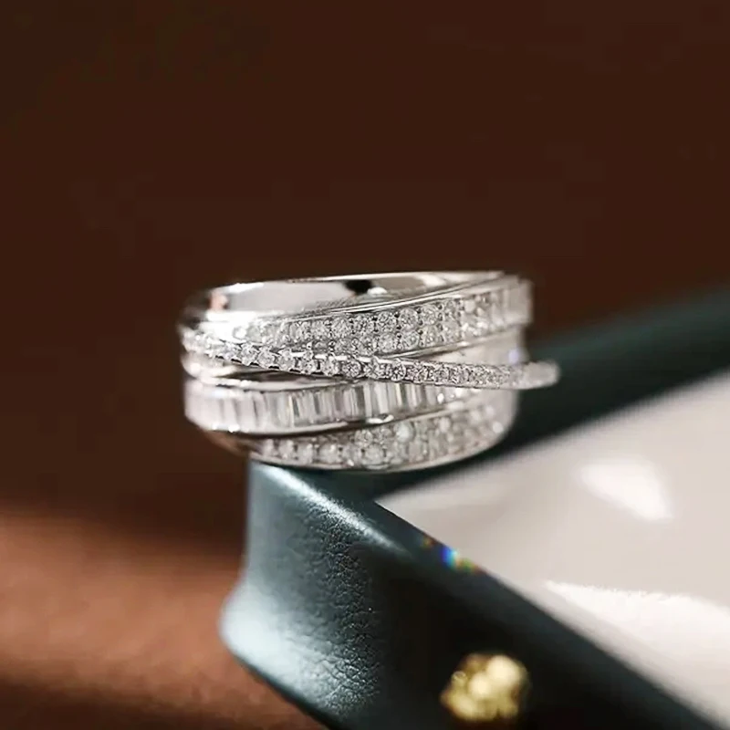 Huitan Multi-layers Cross Rings Full with Crystal CZ Sparkling Women Rings for Wedding Party Silver Color Modern Fashion Jewelry