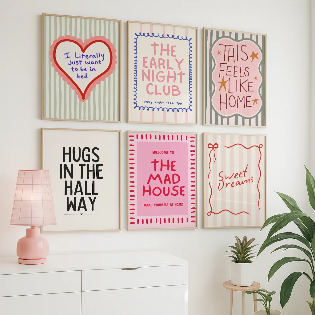 6pcs/set of Playful and Colorful Quotes Striped Canvas Print Inspirational Text Love Wall Art Posters for Modern Home Decor Gift