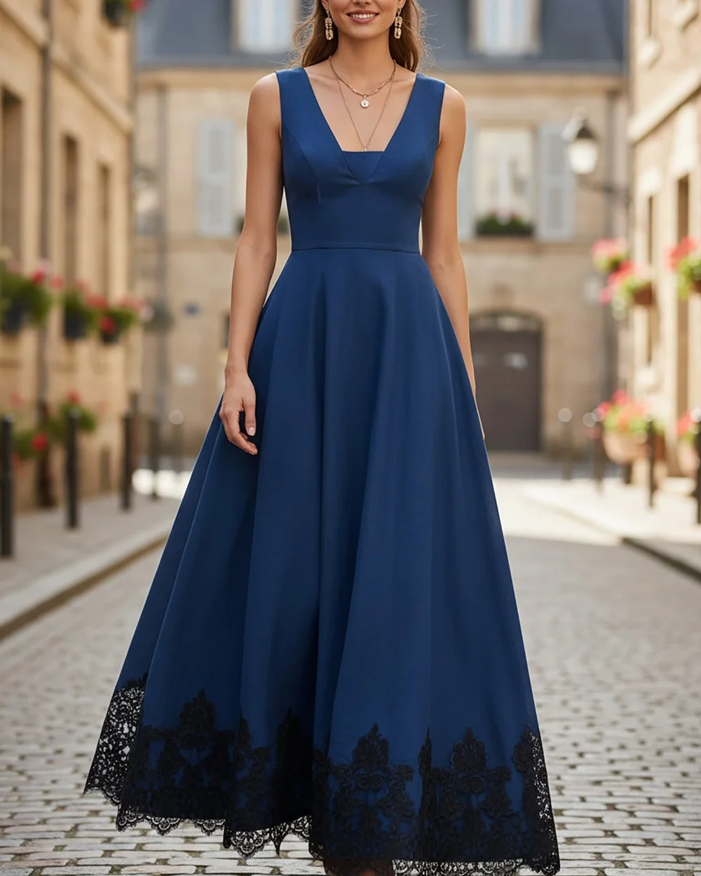 

Customized Navy Blue Exquisite Sexy Pleat Lace A-line Square Neck Ankle Length Evening Dresses for Woman High Quality
