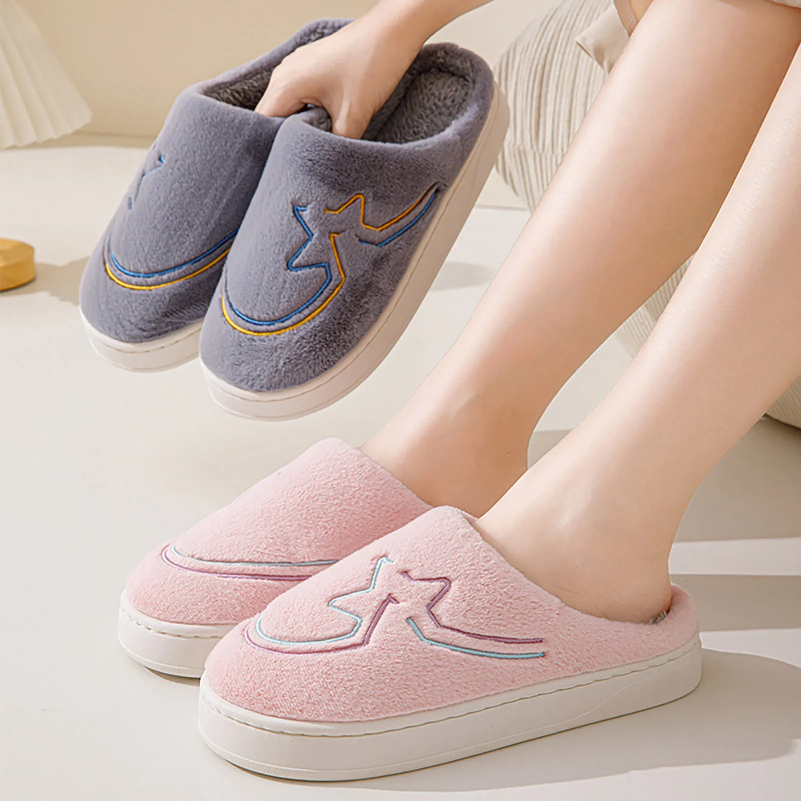 Womens Ballet Slippers Velour Autumn Winter Cotton Flat Fluffy Slippers Cartoon  Home Indoor Fur Slippers Warm Soft Plush Shoes