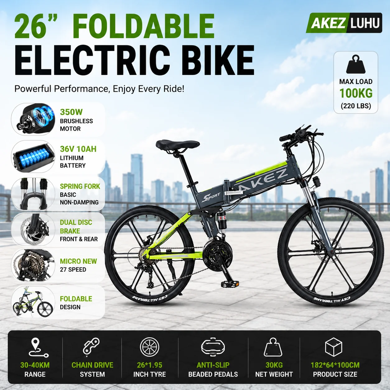 

Urban commuter electric bike 26 Inch Foldable Electric Bicycle 350W Brushless Motor 36V 10Ah Battery micro NEW 27-Speed Commuter