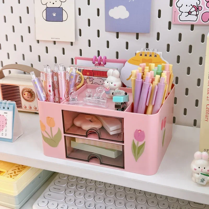 Simple Pen Holder With Drawer Multifunction Desktop Organizer Stationery Storage Box With Sticker Student Office Desk Decoration