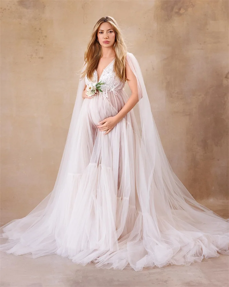 

White Cape Maternity Prom Dresses for Photo Shoot Robe Appliqued Beads Sleeveless Tulle Baby Shower Pregnant Custom Made