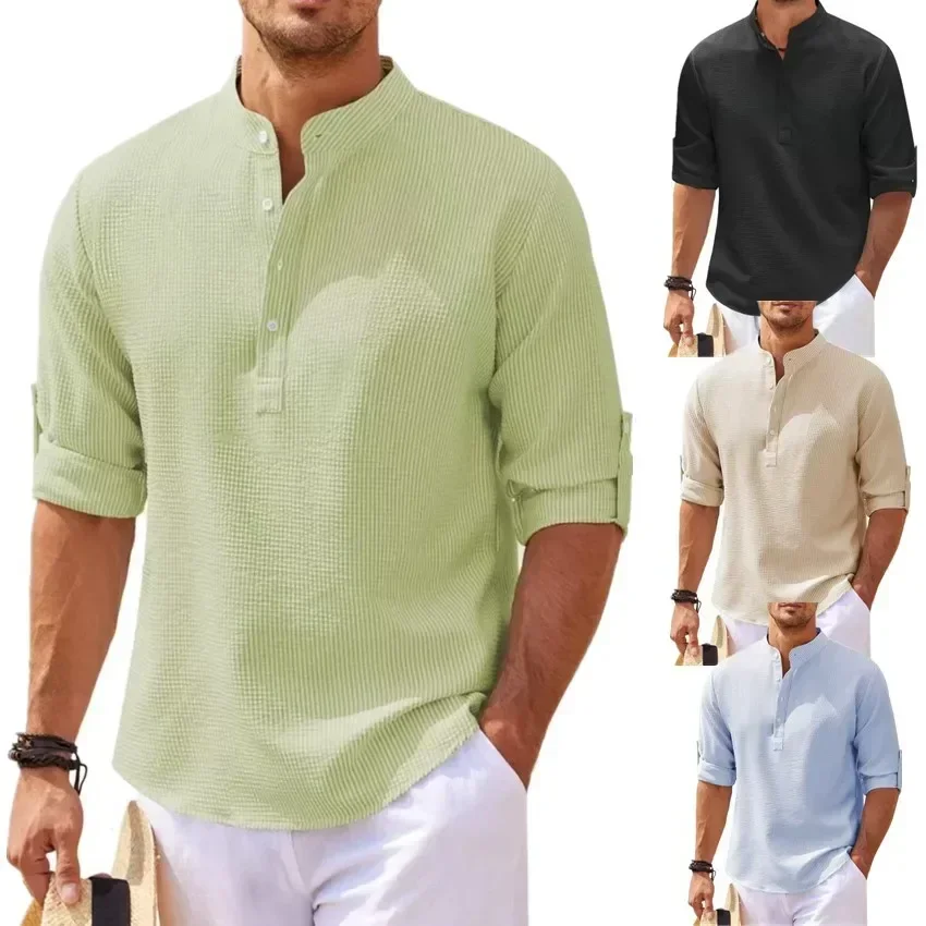 Cotton Linen Hot Sale Men's Long-Sleeved Shirts Spring Autumn Solid Color Stand-Up Collar Casual Beach Style Plus Size S-5XL