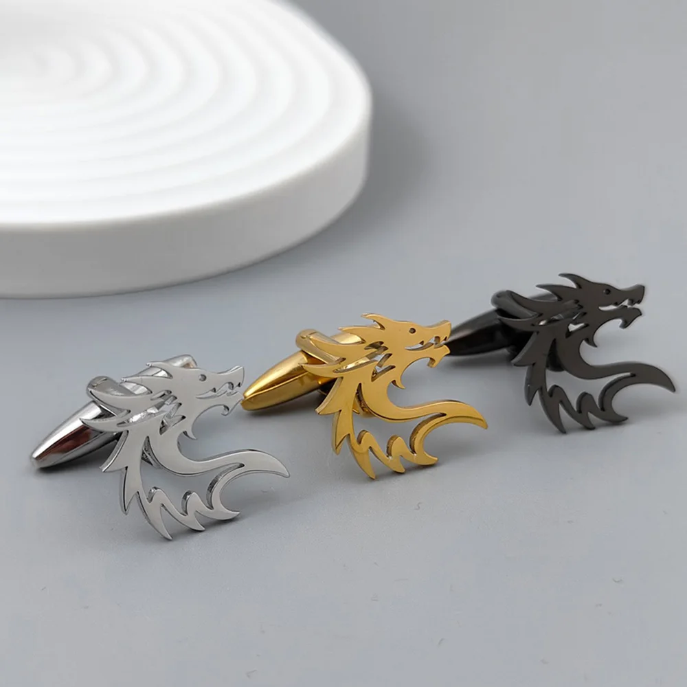 

Men's Vintage Cuff Links Quality Stainless Steel Material Golden Color Chinese Dragon Design Cufflinks Wholesale & Retail