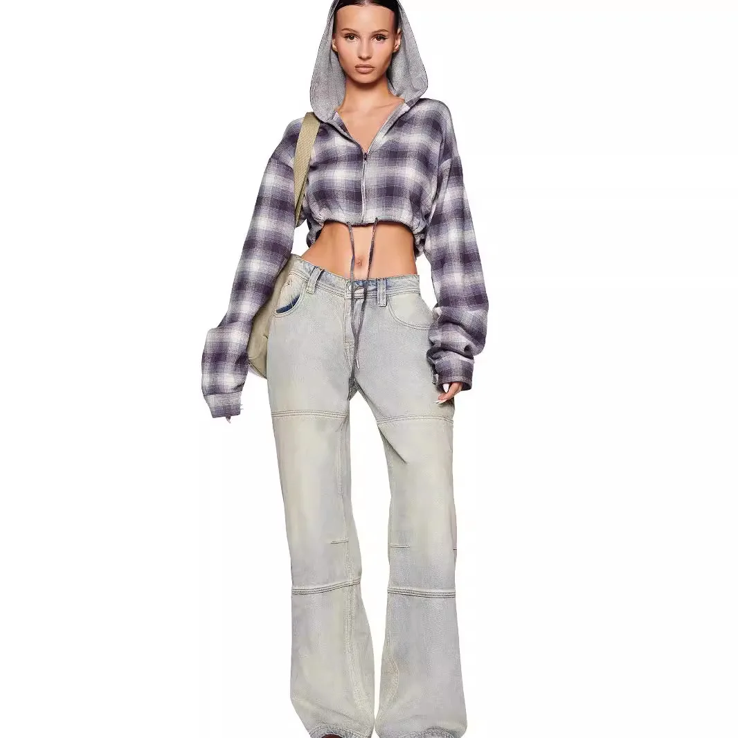 

Retro Hong Kong Sle Plaid Slim Fit Crop Top Long Sve Hooded ort Coat irt Navel Casual Lazy Faion Women's O...