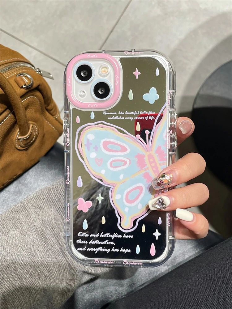 Colorful Butterfly Makeup Mirror Phone Case For iPhone 16 15 14 13 12 Mini 11 ProMax XR XS Soft Silicone Bumper Hard Back Cover